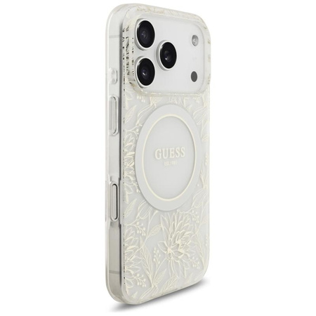 Guess IML Flowers Electro Pearl Strap MagSafe - Hülle iPhone 17 Pro (weiß)