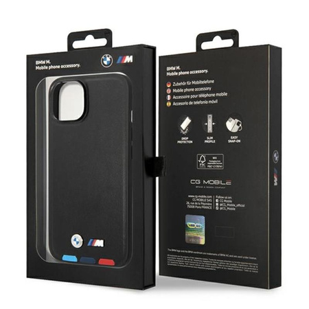 BMW Leder Hot Stamp Tricolor - iPhone 14 Plus Tasche (Schwarz)