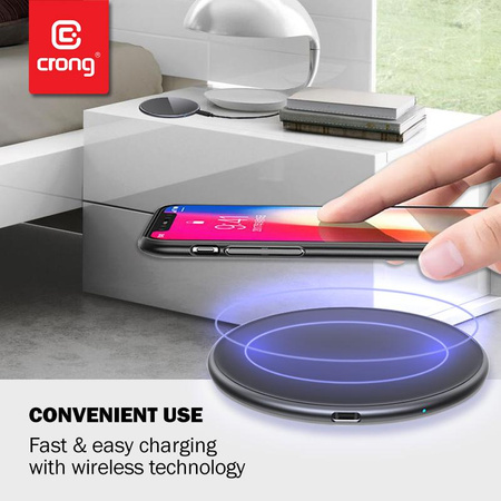 Crong PowerSpot Fast Wireless Charger - hliníková 15W bezdrátová nabíječka Qi USB-C s povrchovou úpravou z tvrzeného skla (stříbrnobílá)