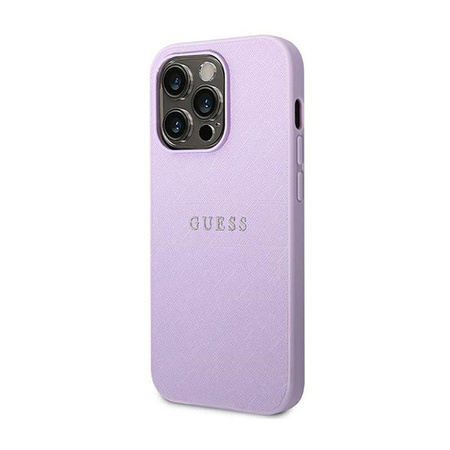 Pouzdro Guess Saffiano Metal Logo Stripes - iPhone 14 Pro Max (lila)
