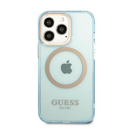 Guess Gold Outline Průsvitné pouzdro MagSafe - iPhone 13 Pro Max (modré)