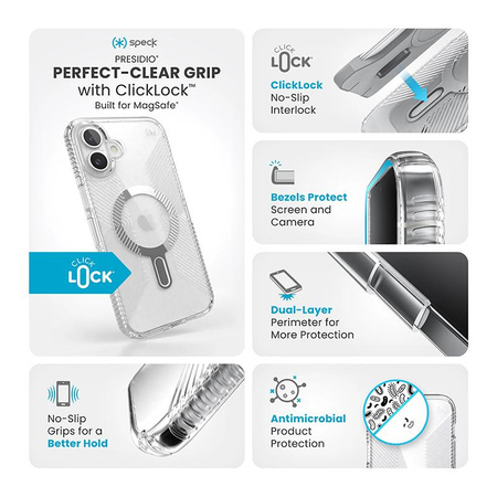Speck Presidio Perfect-Clear Grip ClickLock & MagSafe - Coque pour iPhone 16 Plus (Transparente / Finition Chrome / Argent Serein)