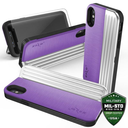 Zizo Retro Series - iPhone Xs/ X case with card pocket + stand + 9H glass for screen (Purple/Silver)