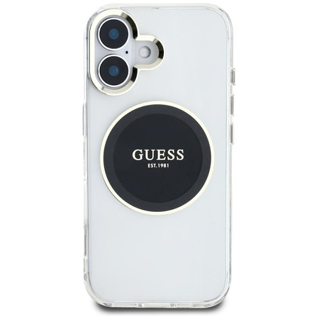Guess IML Metallfarbener Kreis Klassisches Logo MagSafe - Hülle für iPhone 16 (schwarz)