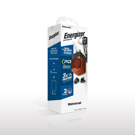 Energizer Ultimate - Multiplug EU / UK / US GaN 20W PD síťová nabíječka (ořechová dýha)