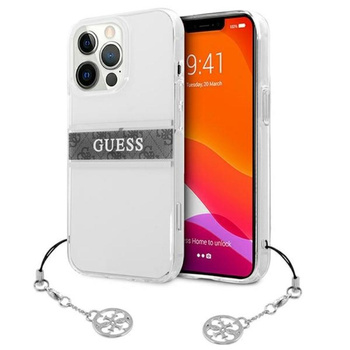 Guess 4G Stripe Grey Charm - pouzdro pro iPhone 13 Pro (průhledné)