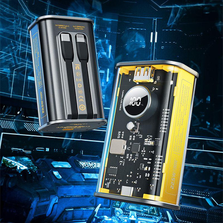 WEKOME WP-345 Vanguard sorozat - Power bank 10000 mAh gyors töltés integrált USB-C és Lightning PD 20W + QC 22.5W kábellel (sárga)