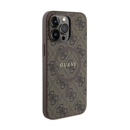Guess 4G Collection Cuir Logo Métal MagSafe - Étui pour iPhone 15 Pro (marron)