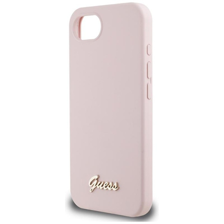 Guess Silicone Script Metal Logo MagSafe - pouzdro pro iPhone 16e (růžové)