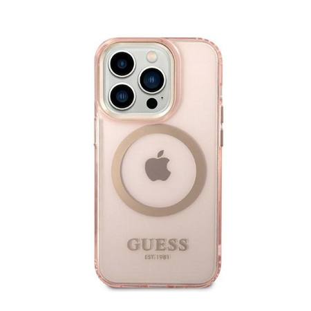 Guess Gold Outline Průsvitné pouzdro MagSafe - iPhone 14 Pro (růžové)