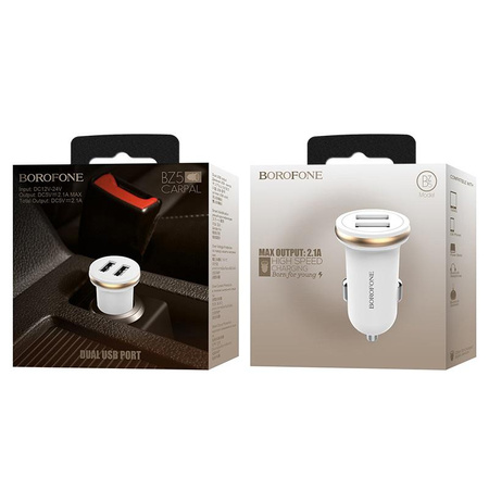 Borofone - ładowarka samochodowa 2x USB, biały