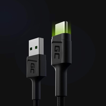 Green Cell Ray - USB - USB-C Kabel 120cm mit grüner LED Hintergrundbeleuchtung und Unterstützung für Ultra Charge Schnellladung, QC 3.0