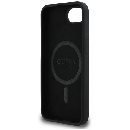 Guess Silicone Script Metal Logo MagSafe - étui pour iPhone 16e (noir)