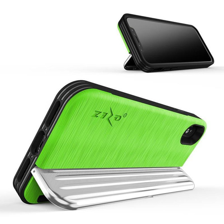 Zizo Retro Series - Etui iPhone Xs / X z kieszenią na karty + podstawka + szkło 9H na ekran (Neon Green/Silver)