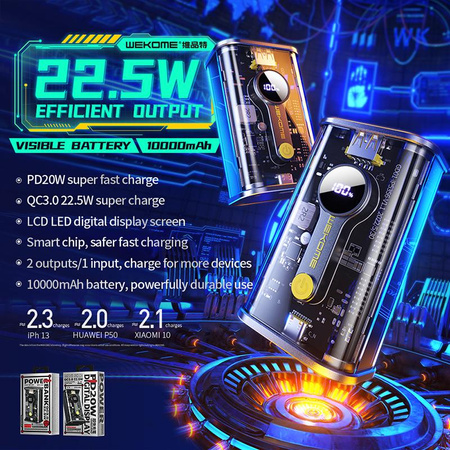WEKOME WP-333 Vanguard Series - Banque d'énergie 10000 mAh Super Charging PD 20W + QC 22.5W (Noir / Transparent)