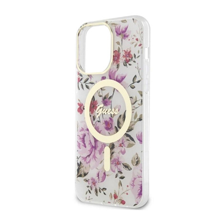 Guess Flower MagSafe - pouzdro pro iPhone 14 Pro (průhledné)