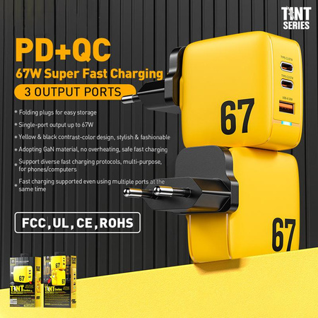 WEKOME WP-U141 Tint Series - 2x USB-C & USB-A Super Fast Charger GaN 67W Power Charger (Yellow)