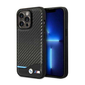 BMW Leather Carbon Blue Line - Coque pour iPhone 14 Pro Max (Noir)