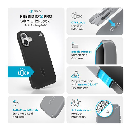 Speck Presidio2 Pro ClickLock & MagSafe - Coque pour iPhone 16 Plus (Noir / Gris ardoise / Blanc)