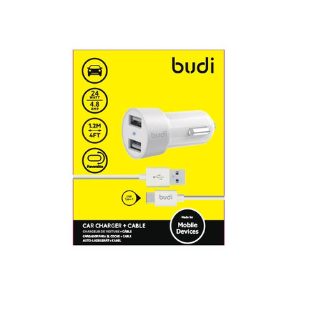 Budi - Chargeur de voiture 2x USB, 24W + câble USB-C 1,2 m (Blanc)