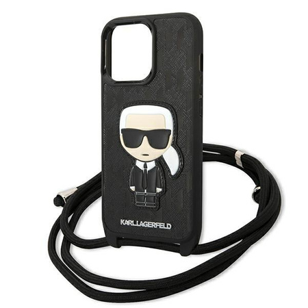 Karl Lagerfeld Leather Monogram Patch and Cord Iconik- Cover for iPhone 13 Pro