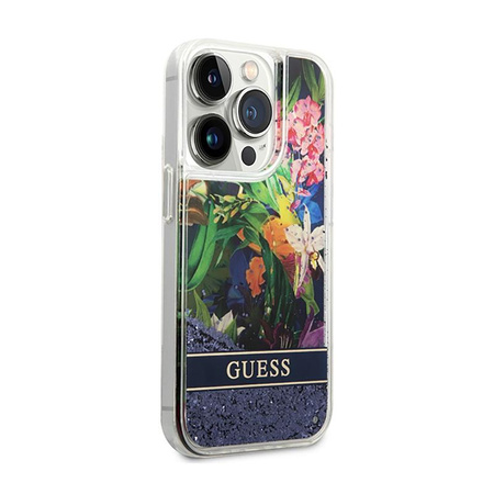 Guess Liquid Glitter Flower – Etui iPhone 14 Pro (niebieski)