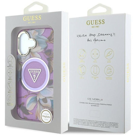 Guess Glitter Flowers Triangle Buttons MagSafe - Hülle für iPhone 16 (lila)
