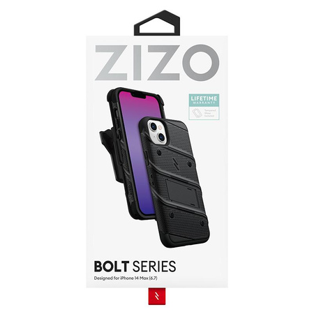 ZIZO BOLT sorozat - Páncélozott iPhone 14 Plus tok 9H üveggel a képernyőhöz + tartó állvánnyal (fekete)