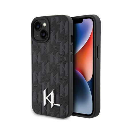 Karl Lagerfeld Leather Monogram Hot Stamp Metal Logo - Case for iPhone 15 (black)