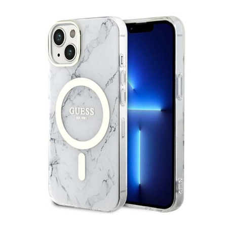 Guess Marble MagSafe - pouzdro pro iPhone 14 Plus (bílé)