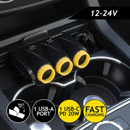 CAR CHARGER WITH USB C USB SPlitter, 3 Steckdosen, PD 20W, Dunlop
