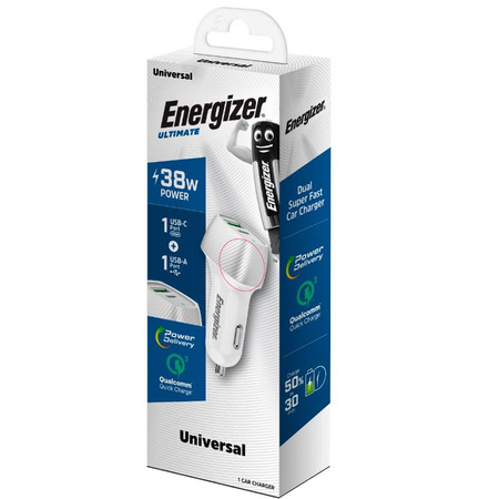 Energizer Ultimate - Chargeur de voiture USB-C & USB-A 38W PD + QC3.0 (Blanc / Argent)