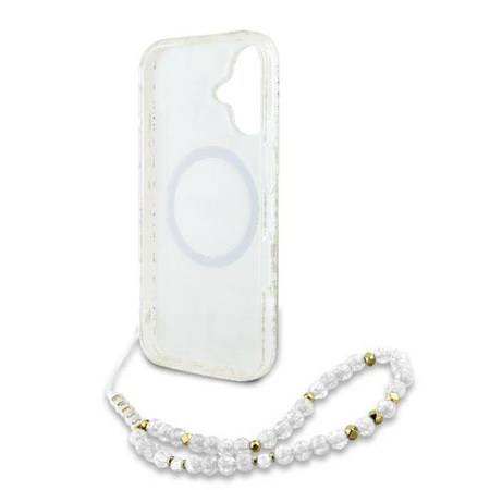 Guess IML Flowers Allover Electro With Pearl Strap MagSafe - pouzdro pro iPhone 16 Plus (bílé)