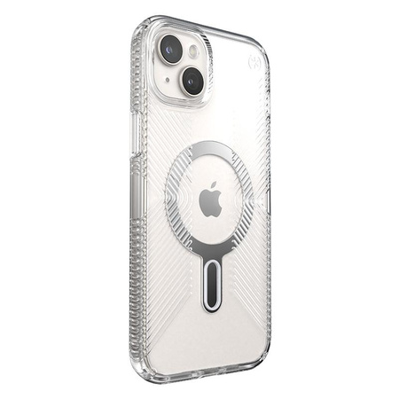 Speck Presidio Perfect-Clear Grip ClickLock & MagSafe - Coque iPhone 15 Plus / iPhone 14 Plus (Clair / Finition Chrome / Argent Serein)