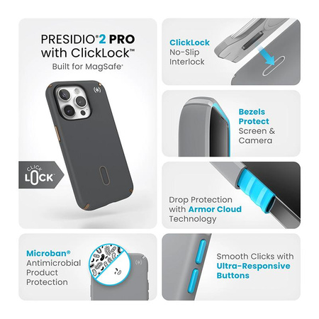 Speck Presidio2 Pro ClickLock & MagSafe - Coque pour iPhone 15 Pro (Gris anthracite/Bronze froid)