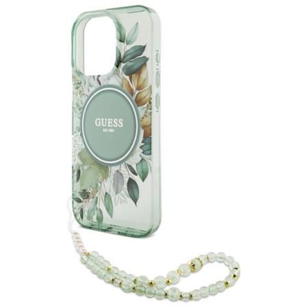 Guess IML Flowers With Pearl Strap MagSafe - pouzdro pro iPhone 16 Pro (zelené)