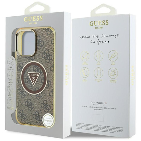 Guess IML Metal Glitter 4G Circle Triangle MagSafe - pouzdro pro iPhone 16 Pro Max (hnědé)