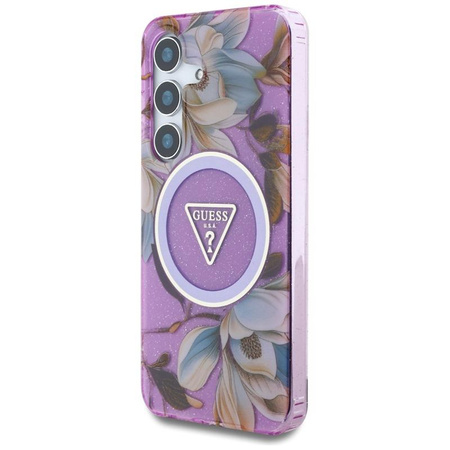 Guess Glitter Flowers Triangle Buttons MagSafe - pouzdro pro Samsung Galaxy S25 (fialové)