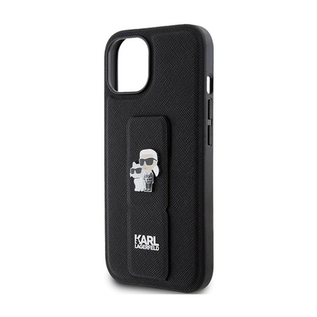 Karl Lagerfeld Gripstand Saffiano Karl & Choupette Pins - Coque iPhone 15 (noir)