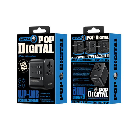 WEKOME WP-U03 Pop Digital Series - cestovní nabíječka / adaptér EU / UK / US / AU + 3x USB-C a 2x USB-A 30W (černá)