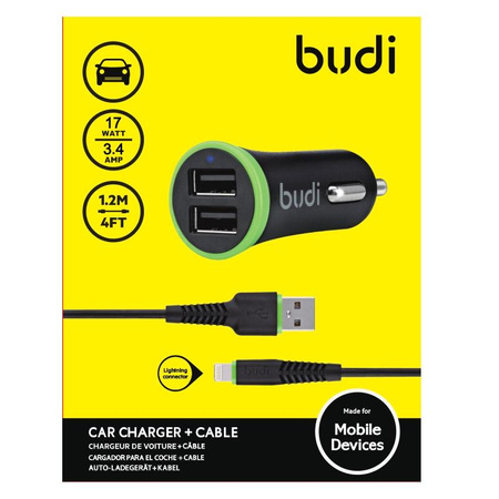 Budi - Autoladegerät 2x USB, 17W + Lightning Kabel (Schwarz)