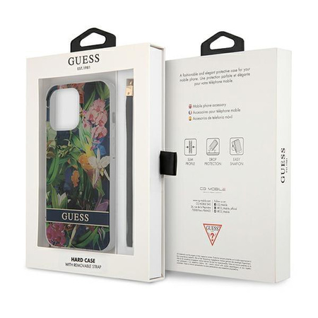 Guess Flower Cord - Etui avec dragonne iPhone 13 Pro Max (Bleu)