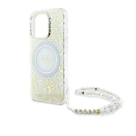 Guess IML Flowers Allover Electro With Pearl Strap MagSafe - Pouzdro pro iPhone 16 Pro Max (Bílé)