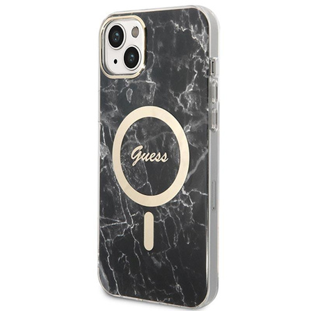 Guess Bundle Pack MagSafe IML Marble - MagSafe iPhone 14 Plus Tasche + Ladegerät-Set (schwarz/gold)