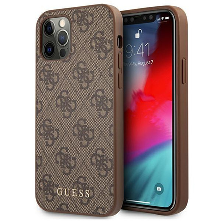 Guess 4G Metal Gold Logo - pouzdro pro iPhone 12 / iPhone 12 Pro (hnědé)