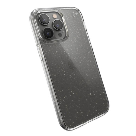 Speck Presidio Perfect-Clear avec paillettes - Coque pour iPhone 14 Pro Max avec revêtement MICROBAN (transparent / paillettes d'or)