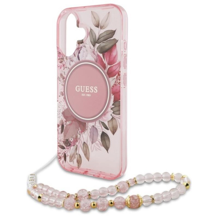 Guess IML Flowers With Pearl Strap MagSafe - Hülle iPhone 16 (Rosa)