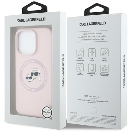 Karl Lagerfeld Silikonové pouzdro MagSafe s dvojitou hlavou a kruhem pro iPhone 16 Pro (růžové)