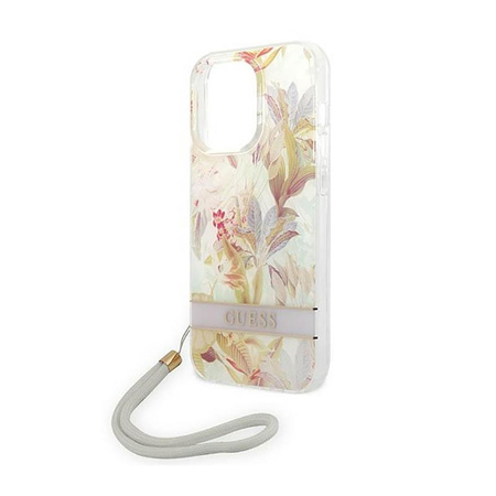 Guess Flower Cord - Etui avec dragonne iPhone 14 Pro (violet)