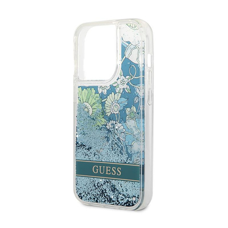 Guess Liquid Glitter Flower - pouzdro pro iPhone 14 Pro (zelené)